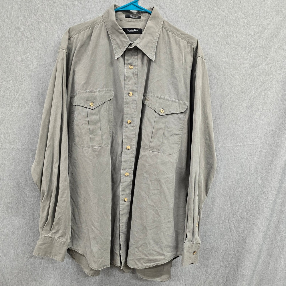 Christian Dior Monsieur Mens XL‎ Long Sleeve Button Down Utility Shirt Olive